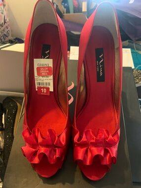 Nina Red Satin Ruffle Peep-Toe Pumps